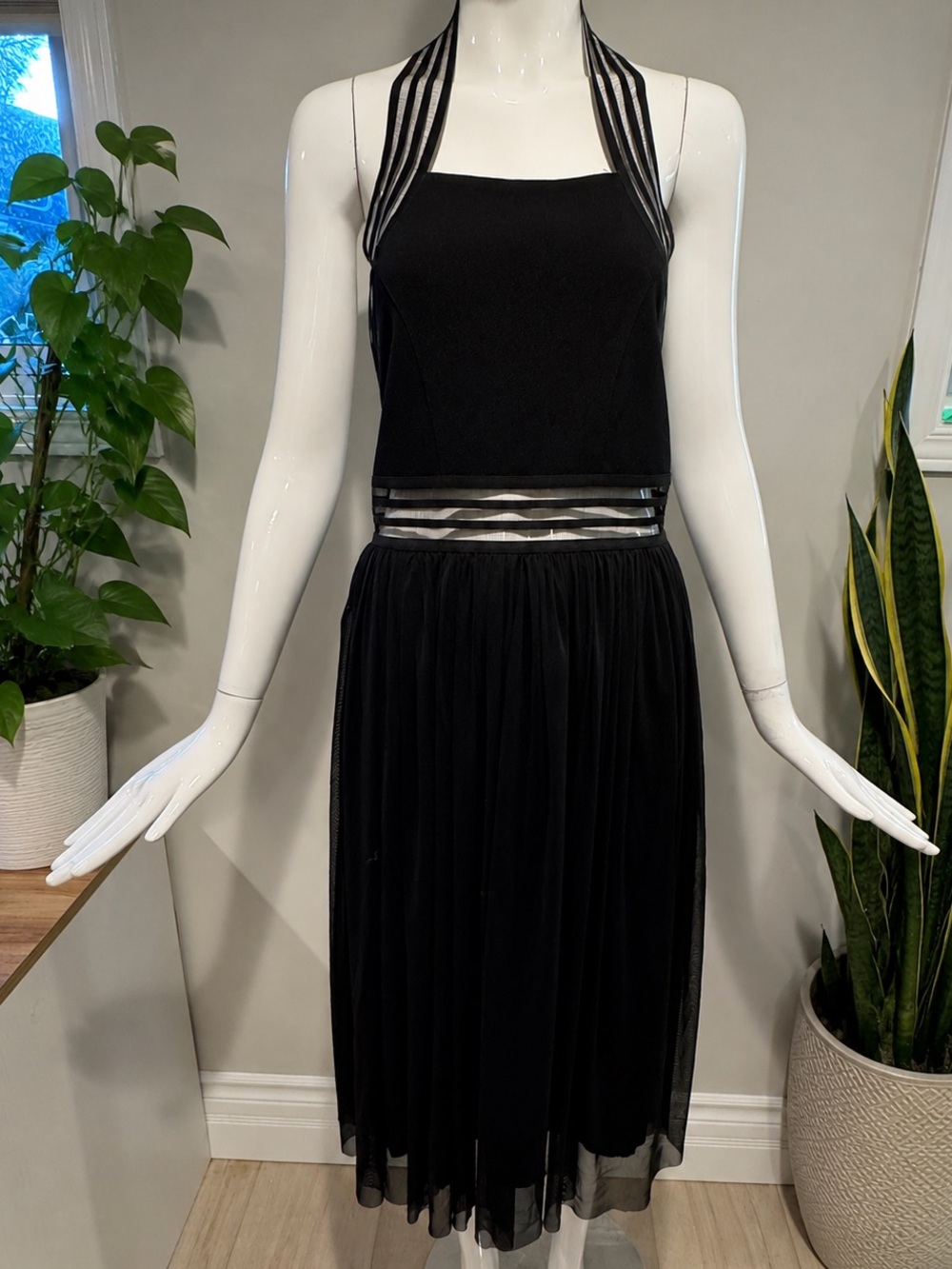TFNC London Black Halter Mesh Detail Midi Dress Size S